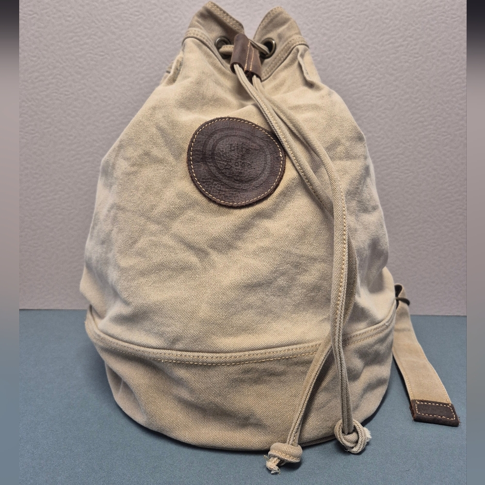 Life is Good Canvas Bucket Backpack Drawstring Tan and Brown